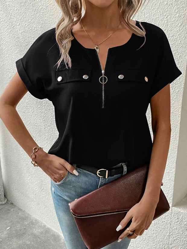 Casual Zipper Front Short Sleeve Blouse www.nizzadesign.com