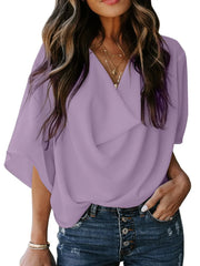 Full Size Ruched Three-Quarter Sleeve Blouse Plus Size Pink Purple www.nizzadesign.com