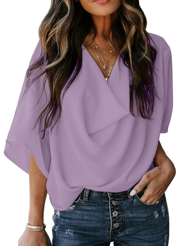 Full Size Ruched Three-Quarter Sleeve Blouse Plus Size Pink Purple www.nizzadesign.com