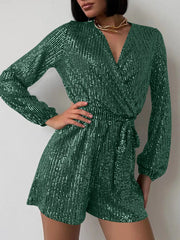 Full Size Sequin Surplice Tie Waist Long Sleeve Romper www.nizzadesign.com