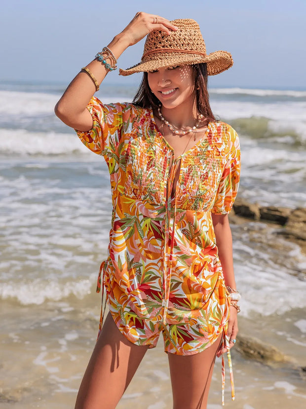 Smocked Printed Tie Neck Romper www.nizzadesign.com