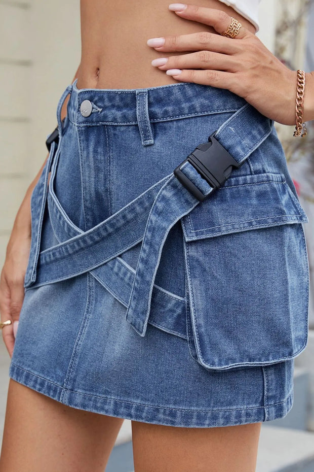 Criss-Cross Waist Detail Denim Mini Skirt www.nizzadesign.com