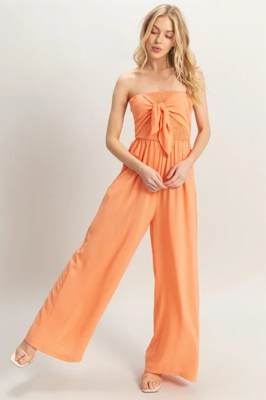 HYFVE Strapless Tie Front Smocked Jumpsuit L.ORANGE www.nizzadesign.com