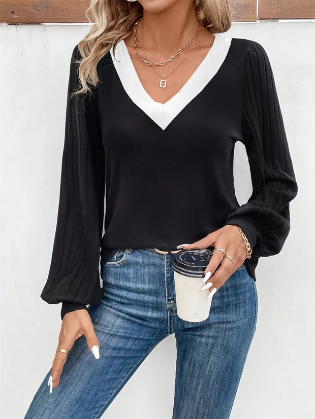 Contrast V-Neck Long Sleeve T-Shirt www.nizzadesign.com