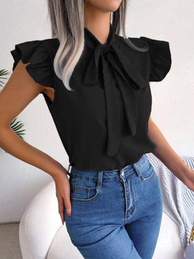Ruffle Cap Sleeve Bow Tie Blouse www.nizzadesign.com