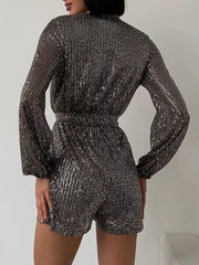 Full Size Sequin Surplice Tie Waist Long Sleeve Romper www.nizzadesign.com