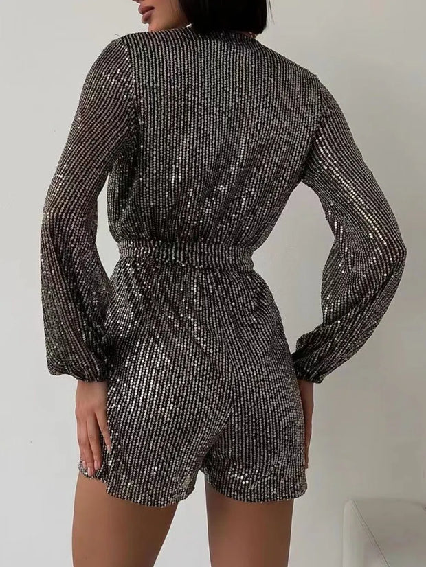 Full Size Sequin Surplice Tie Waist Long Sleeve Romper www.nizzadesign.com