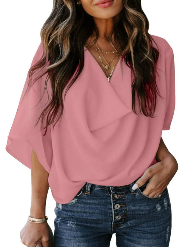 Full Size Ruched Three-Quarter Sleeve Blouse Plus Size Pink www.nizzadesign.com