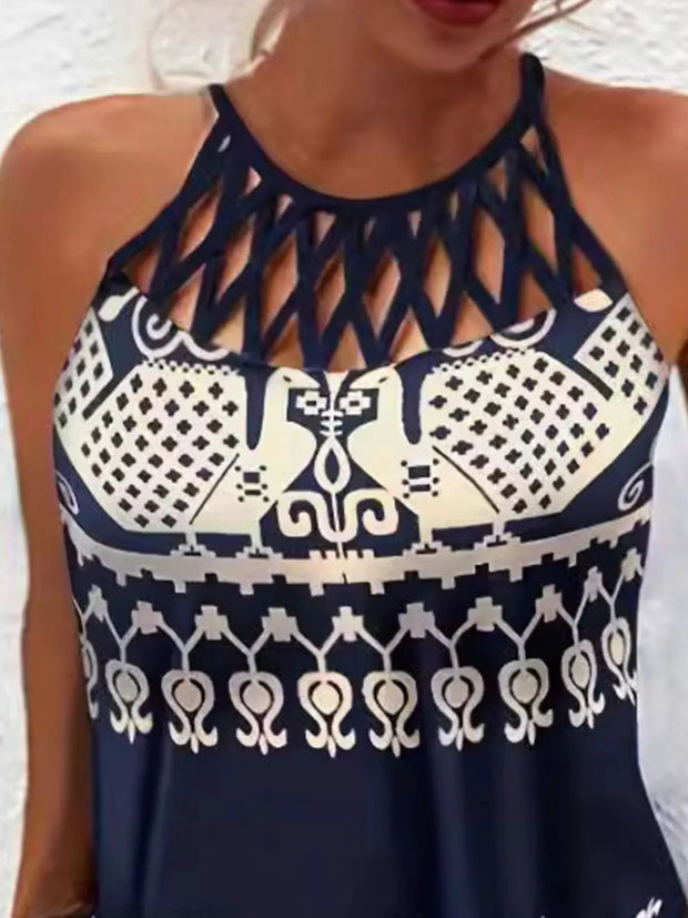 Tropical Leaf Print Halter Neck Mini Dress with Cutout Detail www.nizzadesign.com