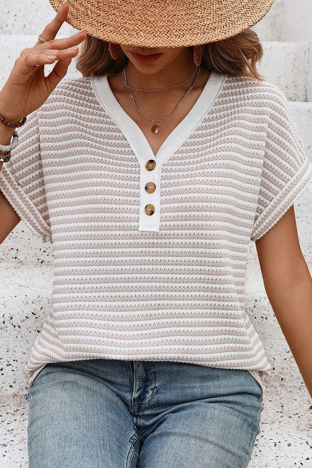 Stripe Buttoned Front V Neck T Shirt www.nizzadesign.com