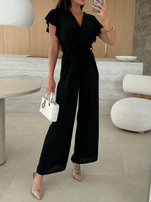 Tied Ruffled Wide Leg Jumpsuit Black www.nizzadesign.com