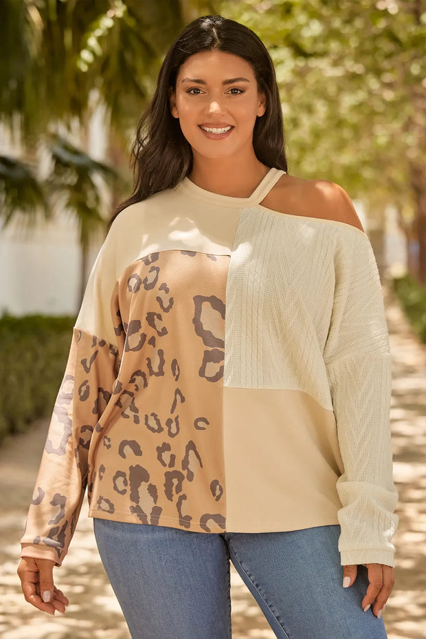 Plus Size Leopard Color Block Long Sleeve T-Shirt Cream www.nizzadesign.com
