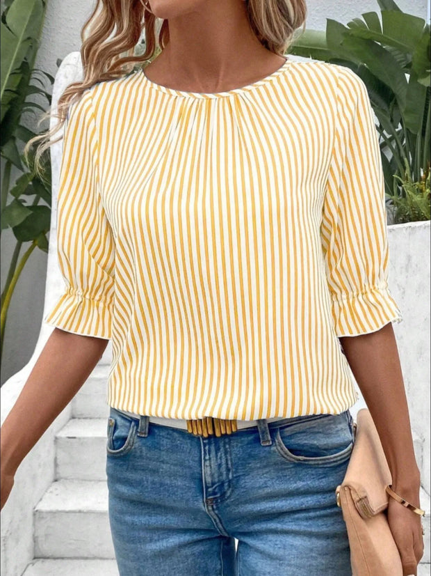 Striped Round Neck Half Sleeve Casual Blouse Yellow www.nizzadesign.com