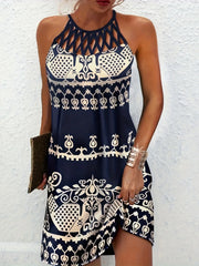 Tropical Leaf Print Halter Neck Mini Dress with Cutout Detail Blue www.nizzadesign.com