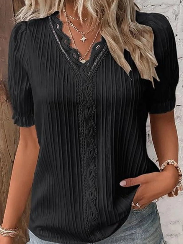 Full Size Lace Detail V-Neck Blouse Plus Size Black www.nizzadesign.com