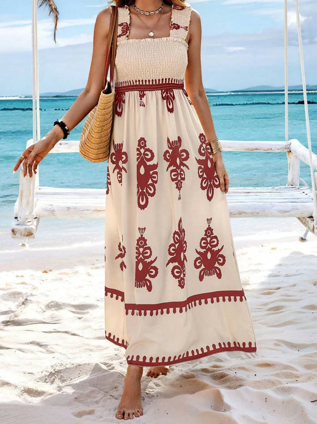Smocked Printed Wide Strap Maxi Dress www.nizzadesign.com