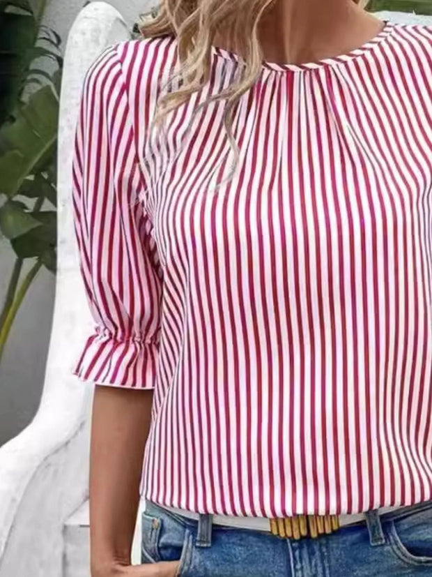 Striped Round Neck Half Sleeve Casual Blouse www.nizzadesign.com