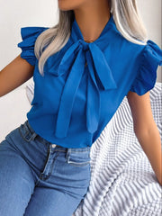 Ruffle Cap Sleeve Bow Tie Blouse Blue www.nizzadesign.com