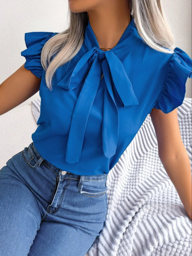 Ruffle Cap Sleeve Bow Tie Blouse Blue www.nizzadesign.com