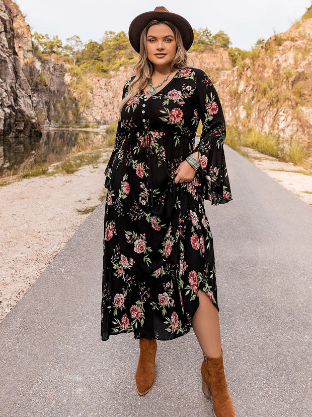 Plus Size Floral Flare Sleeve Dress www.nizzadesign.com