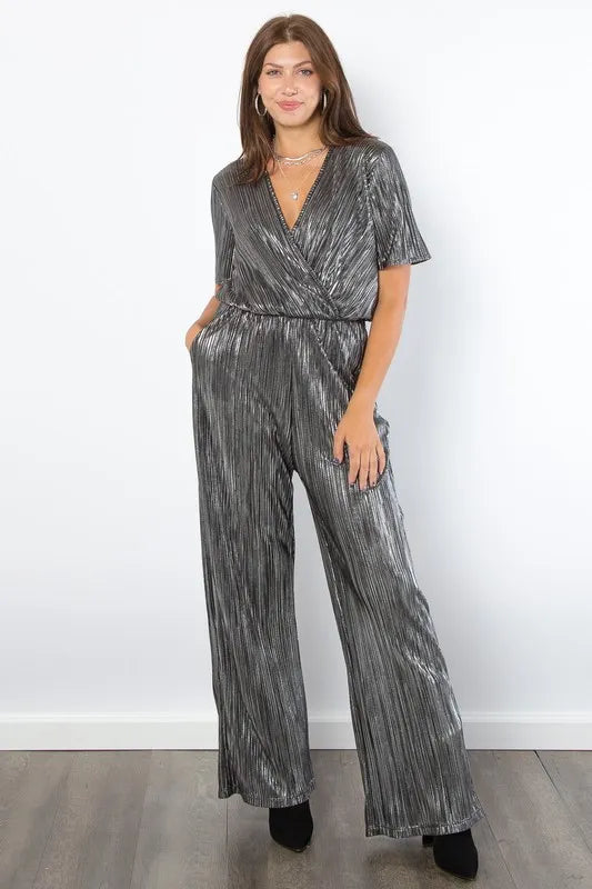 Be Stage Surplice Short Sleeve Pleated Foil Jumpsuit Silver www.nizzadesign.com