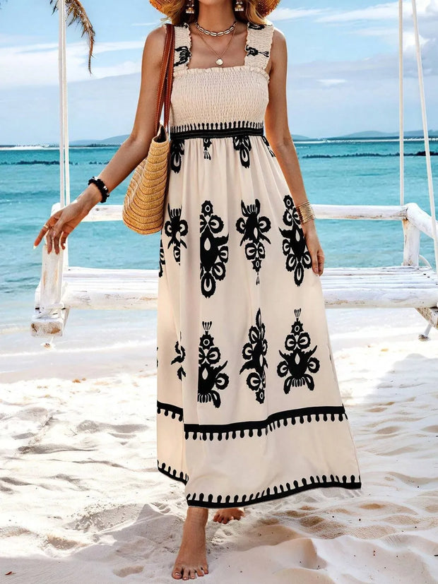 Smocked Printed Wide Strap Maxi Dress www.nizzadesign.com