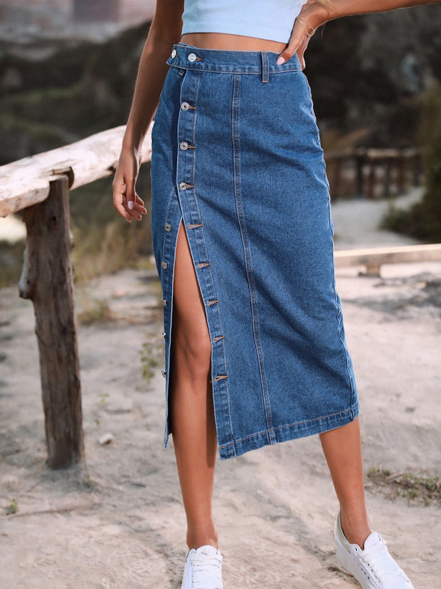 Button Down Denim Skirt French Blue www.nizzadesign.com