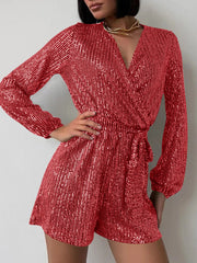 Full Size Sequin Surplice Tie Waist Long Sleeve Romper www.nizzadesign.com