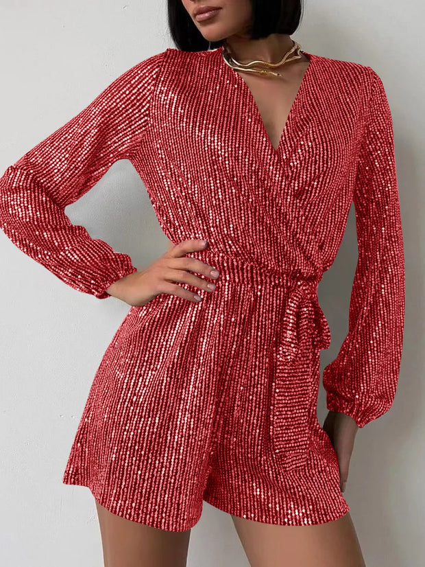 Full Size Sequin Surplice Tie Waist Long Sleeve Romper www.nizzadesign.com