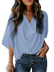 Full Size Ruched Three-Quarter Sleeve Blouse Plus Size Light Blue www.nizzadesign.com