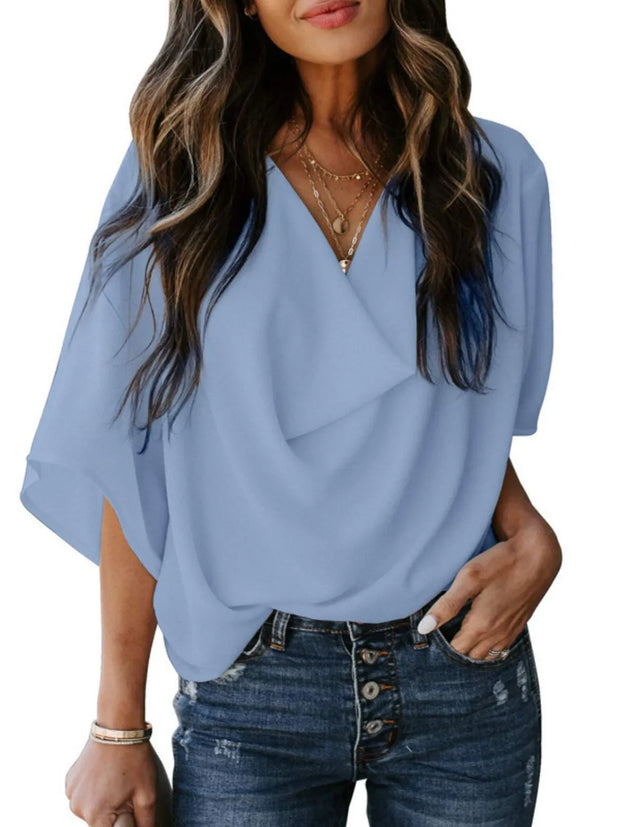 Full Size Ruched Three-Quarter Sleeve Blouse Plus Size Light Blue www.nizzadesign.com