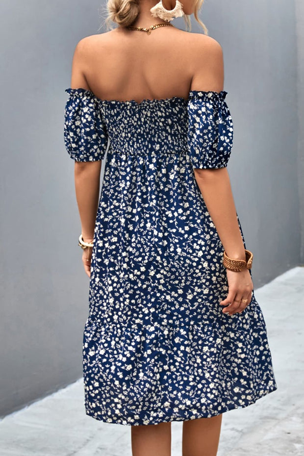 Ditsy Floral Smocked Frill Trim Off-Shoulder Dress www.nizzadesign.com