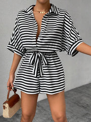 Tie Waist Half Button Striped Romper www.nizzadesign.com