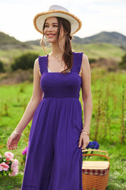 Davi & Dani Smocked Bodice Strap Ruffle Tie Belt Jumpsuit www.nizzadesign.com