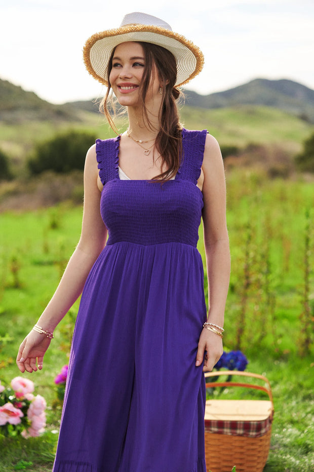 Davi & Dani Smocked Bodice Strap Ruffle Tie Belt Jumpsuit www.nizzadesign.com