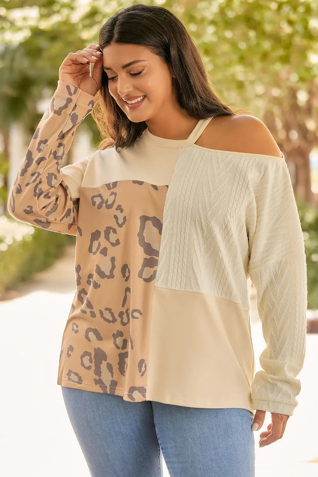 Plus Size Leopard Color Block Long Sleeve T-Shirt www.nizzadesign.com