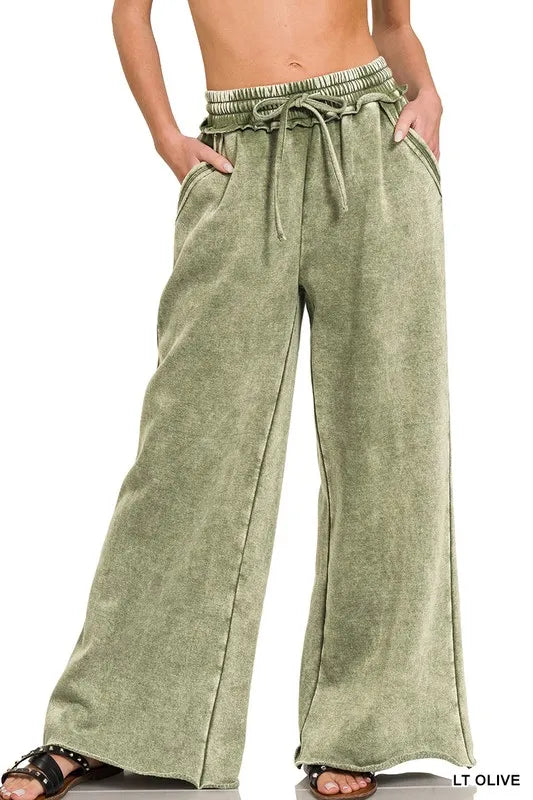 Zenana Full Size Acid Wash Fleece Palazzo Sweatpants with Pockets Plus Size LT OLIVE www.nizzadesign.com