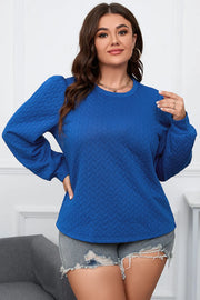 Plus Size Textured Round Neck Long Sleeve Top Cobalt Blue www.nizzadesign.com
