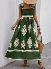Smocked Printed Wide Strap Maxi Dress Dark Green www.nizzadesign.com