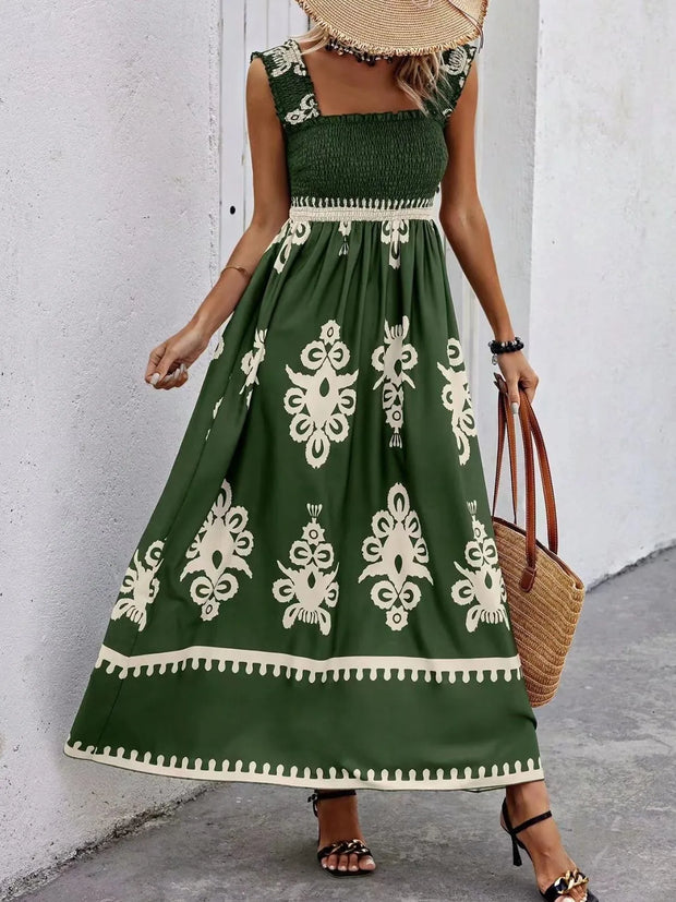 Smocked Printed Wide Strap Maxi Dress Dark Green www.nizzadesign.com