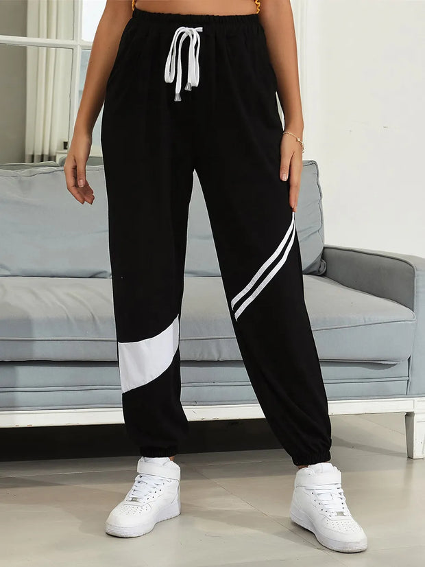 Drawstring Contrast Joggers with Pockets Black www.nizzadesign.com