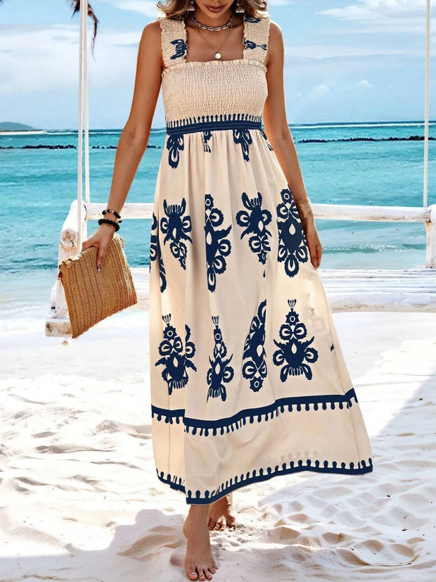 Smocked Printed Wide Strap Maxi Dress Peacock Blue www.nizzadesign.com