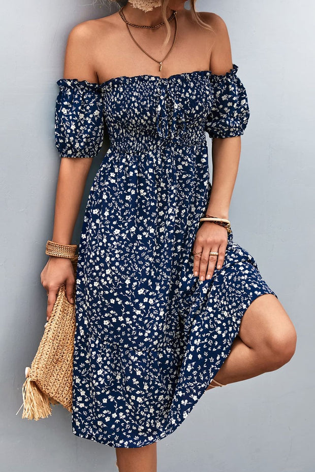 Ditsy Floral Smocked Frill Trim Off-Shoulder Dress www.nizzadesign.com