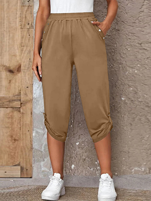 Full Size Roll-Tab Capris Pants Camel www.nizzadesign.com