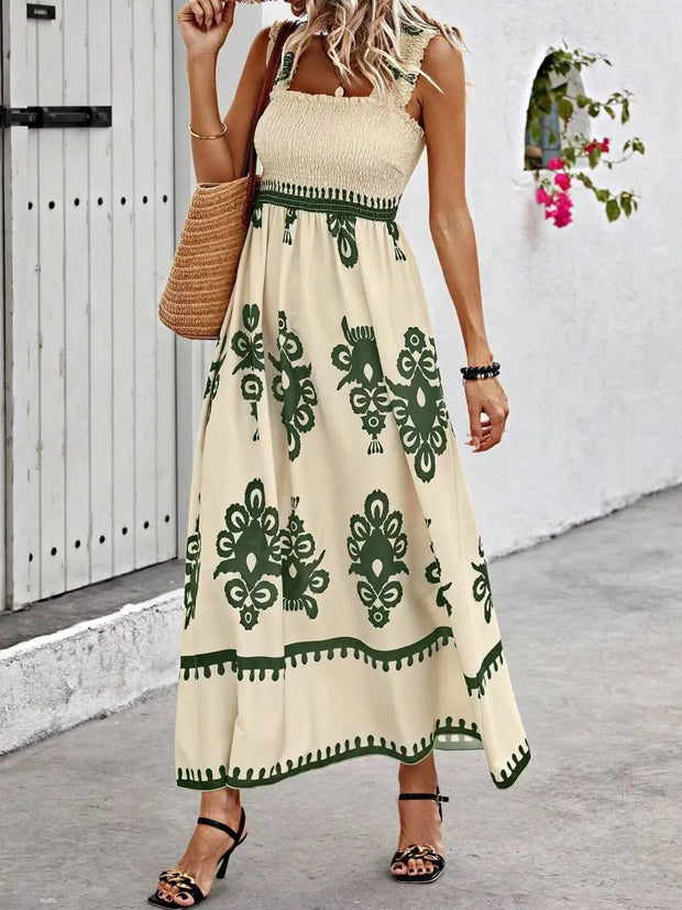 Smocked Printed Wide Strap Maxi Dress Moss www.nizzadesign.com