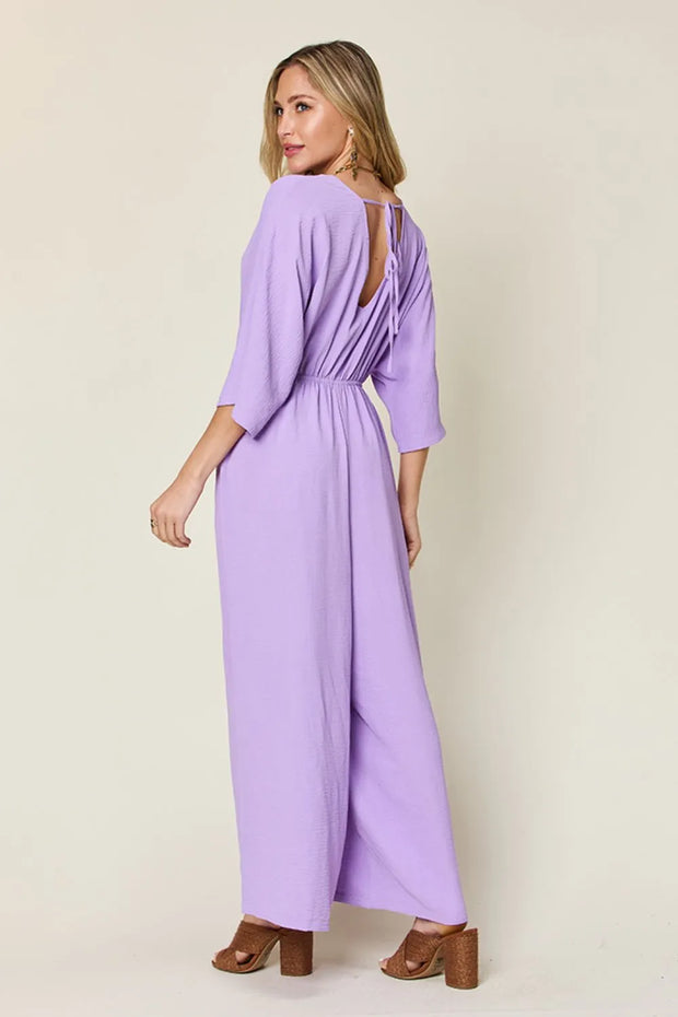 Double Take Full Size Surplice Wide Leg Jumpsuit with Pockets www.nizzadesign.com