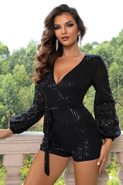 Sequin Tie Waist Long Sleeve Romper www.nizzadesign.com