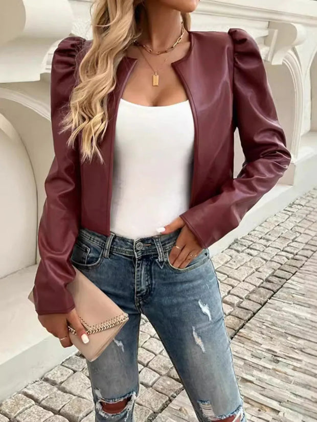 PU Leather Open Front Puff Sleeve Jacket www.nizzadesign.com