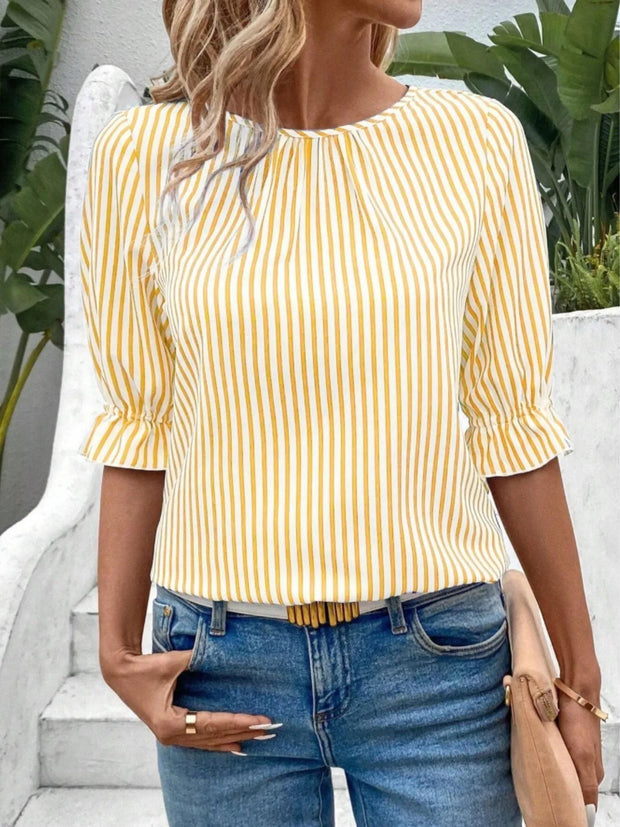 Striped Round Neck Half Sleeve Casual Blouse www.nizzadesign.com