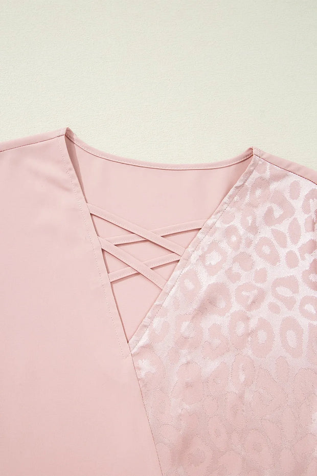Leopard Jacquard Patchwork Crisscross V Neck Short Sleeve Blouse www.nizzadesign.com